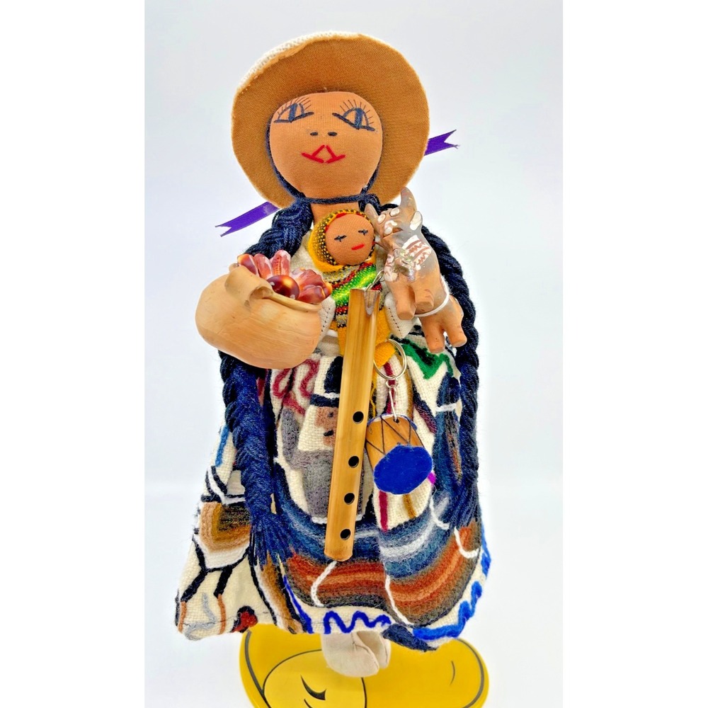 Vintage Peruvian Folk Art Cloth Doll and Pottery Bull pot Handmade  14"Doll